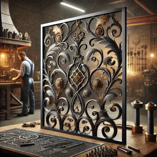 DALL·E 2025-03-22 00.15.48 - A high-quality image representing custom iron pieces for a modern metalwork business. The image features an intricately designed wrought iron artwork,